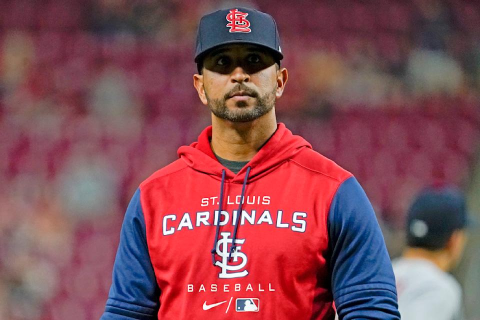 CINCINNATI, OH - APRIL 22: Manager Oliver Marmol #37 of the St. Louis Cardinals walks to the dugout in the sixth inning during the game between the St. Louis Cardinals and the Cincinnati Reds at Great American Ball Park on Friday, April 22, 2022 in Cincinnati, Ohio. (Photo by Jeffrey Dean/MLB Photos via Getty Images)