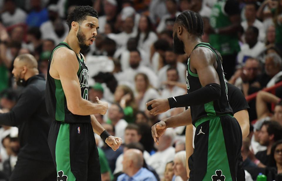 Jayson Tatum and Jaylen Brown have led the Boston Celtics within one win of the NBA Finals for the second time in their careers. (Jim Rassol/USA Today Sports)