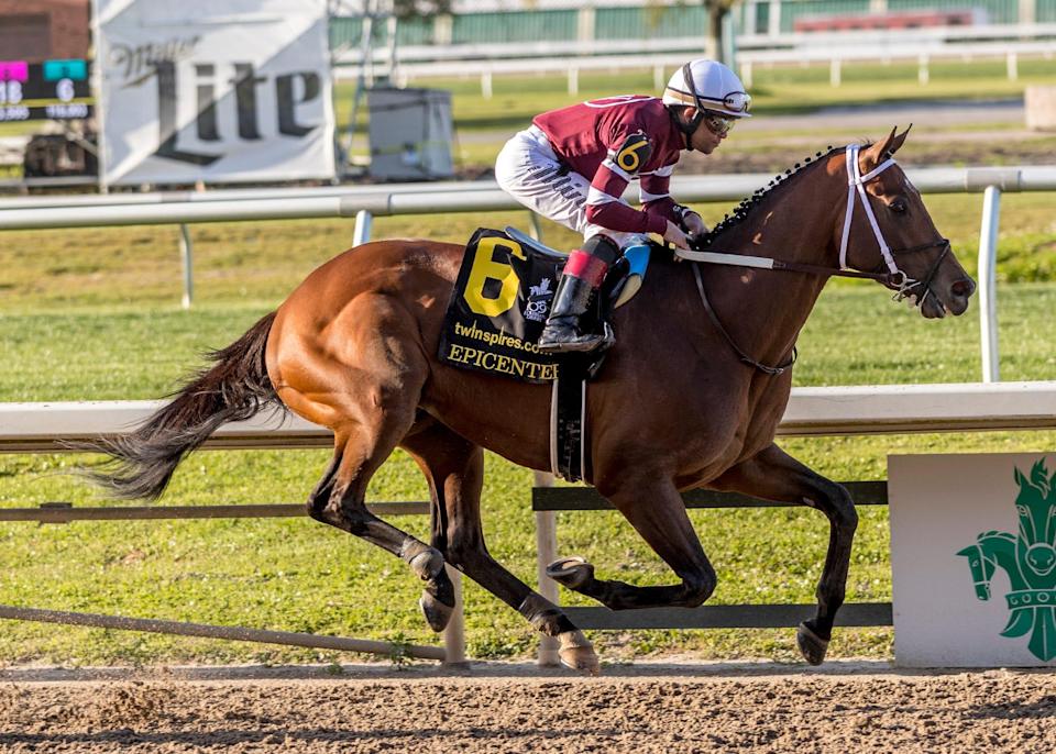 Epicenter, with Joel Rosario aboard, wins the $1 million Louisiana Derby horse race at Fair Grounds on Saturday, March 26, 2022.