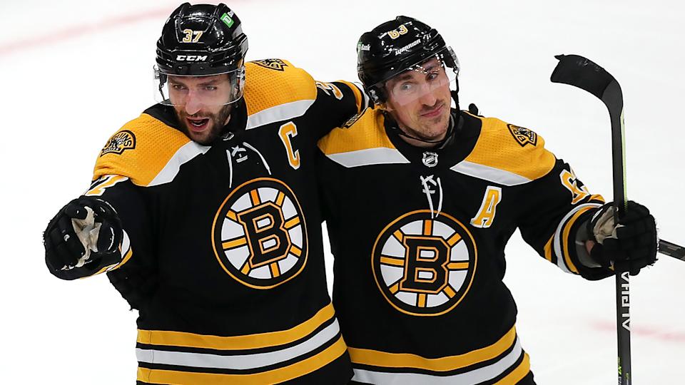 Patrice Bergeron and Brad Marchand have been a nightmare matchup for the Hurricanes on home ice during the NHL playoffs. (Photo by John Tlumacki/The Boston Globe via Getty Images)