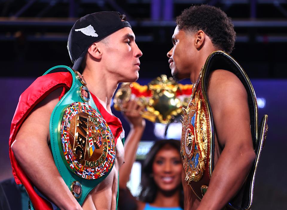 LAS VEGAS, NEVADA - APRIL 29: Oscar Valdez (L) and Shakur Stevenson (R) face-off during the weigh in prior to their WBC and WBO junior lightweight championship at MGM Grand Garden Arena on April 29, 2022 in Las Vegas, Nevada. (Photo by Mikey Williams/Top Rank Inc via Getty Images)