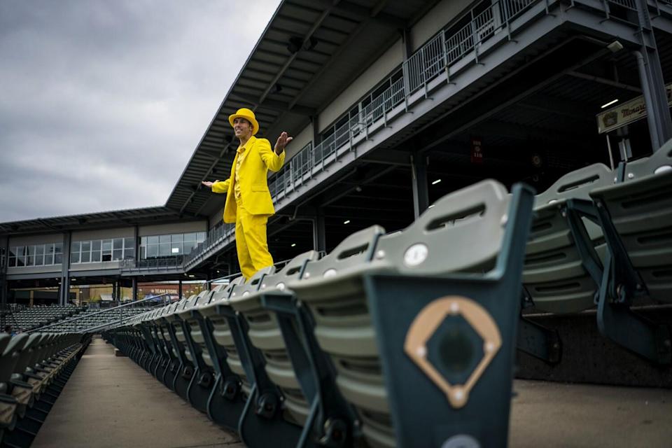 Jesse Cole, owner of the Savannah Bananas rehearses filming for a video.