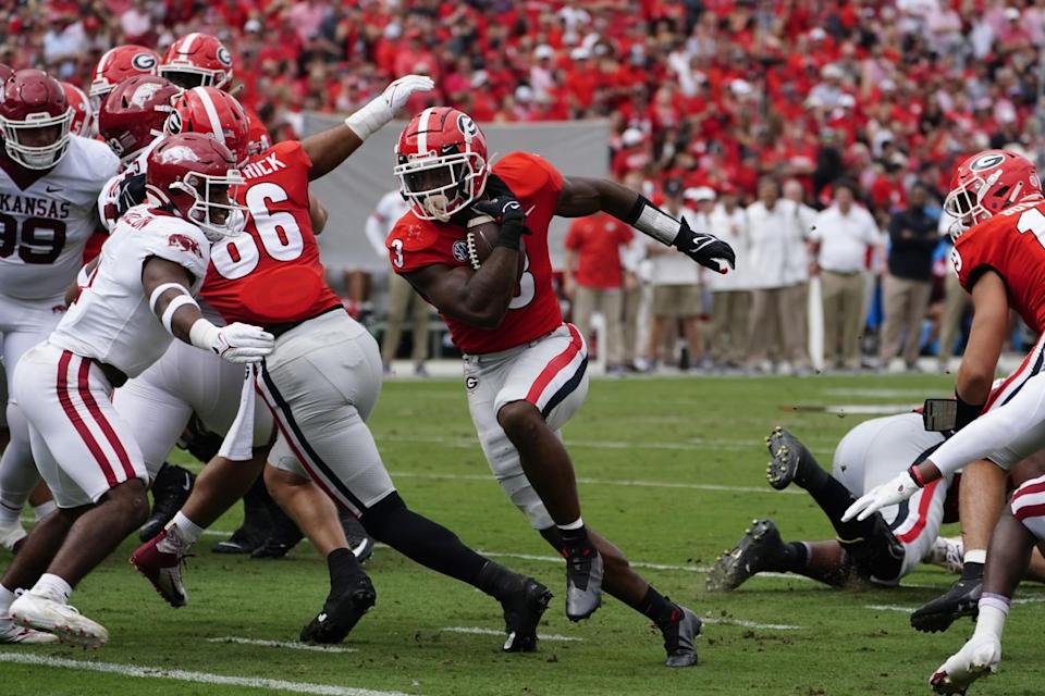 Georgia running back Zamir White (3) finds an opening against Arkansas in October.