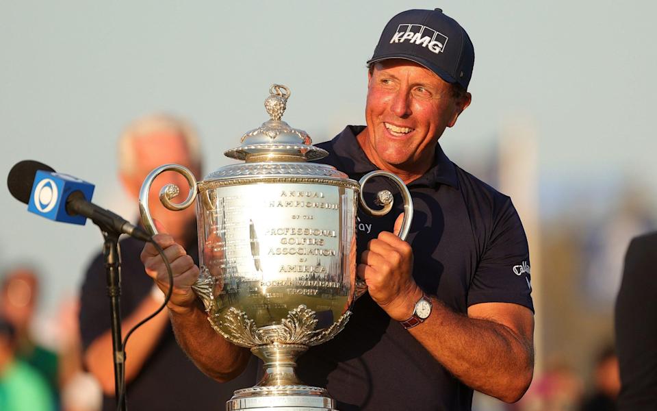 Mickelson became the oldest man to win a major when he lifted the Wanamaker Trophy after winning the PGA Championship last year - GETTY IMAGES