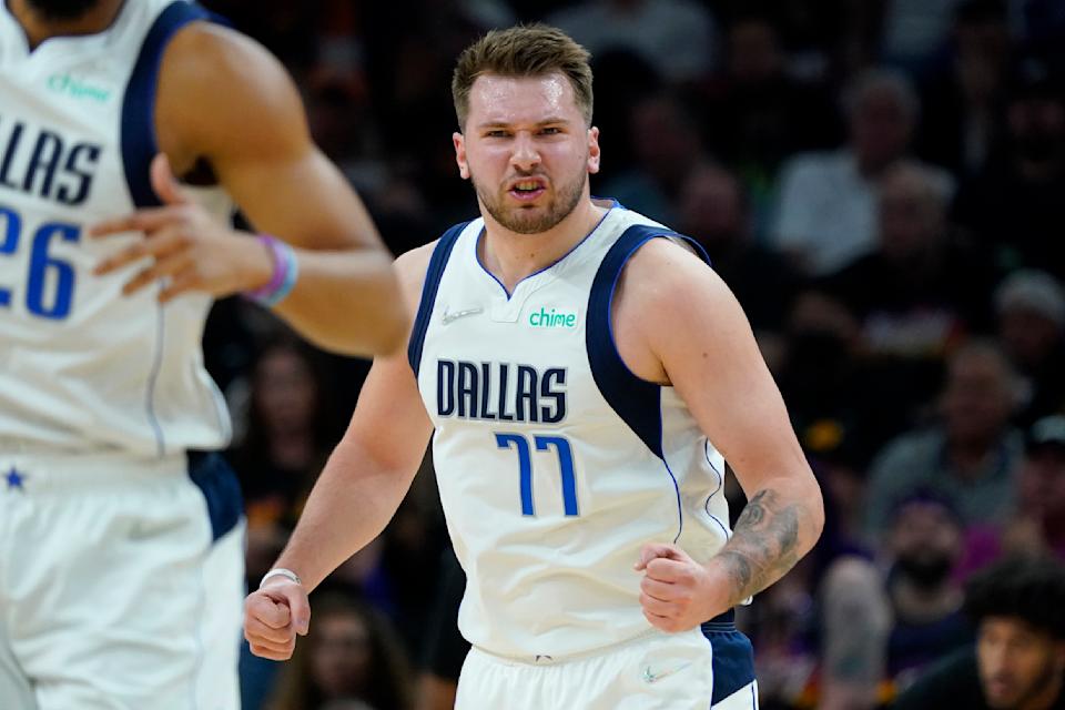 Dallas Mavericks guard Luka Doncic celebrates a basket against the Phoenix Suns during Game 7 of the Western Conference semifinals series on May 15, 2022, in Phoenix. (AP Photo/Matt York)