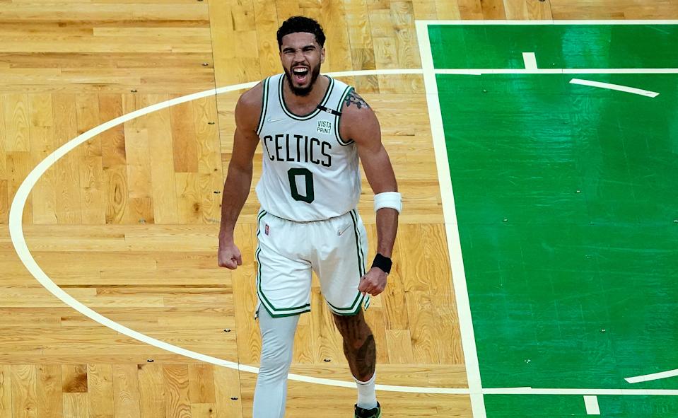 Boston Celtics forward Jayson Tatum scored 46 points to force a Game 7 against the Milwaukee Bucks in the Eastern Conference semifinals. (Barry Chin/The Boston Globe via Getty Images)