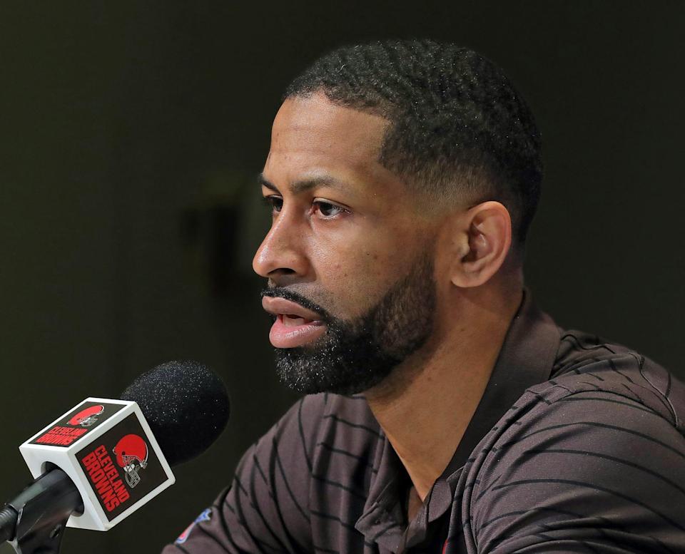 Cleveland Browns general manager Andrew Berry responds to questions during Watson's introductory press conference at the Cleveland Browns Training Facility on Friday.