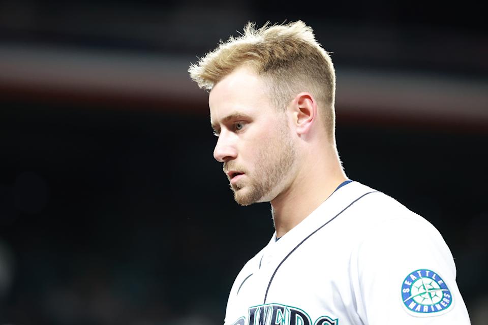 Seattle Mariners outfielder Jarred Kelenic, a prized trade piece, has struggled in his initial foray in the majors (Photo by Abbie Parr/Getty Images)