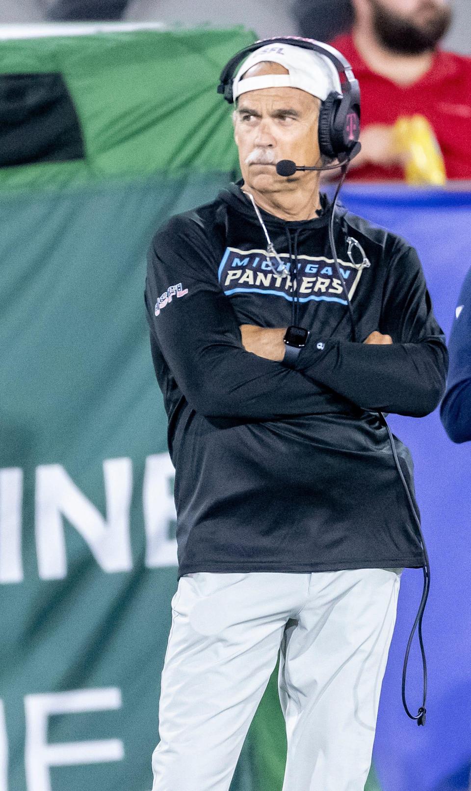 Michigan Panthers head coach Jeff Fisher looks on during a USFL game at Protective Stadium in Birmingham.