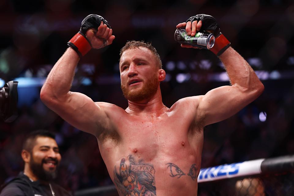 NEW YORK, NEW YORK - NOVEMBER 06: Justin Gaethje celebrates after his decision victory over Michael Chandler in their lightweight bout during the UFC 268 event at Madison Square Garden on November 06, 2021 in New York City. (Photo by Mike Stobe/Getty Images)