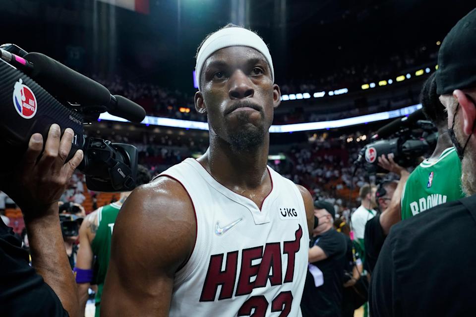 Miami Heat forward Jimmy Butler (22) exits the court after loosing to the Boston Celtics in Game 7 of the NBA Eastern Conference finals.