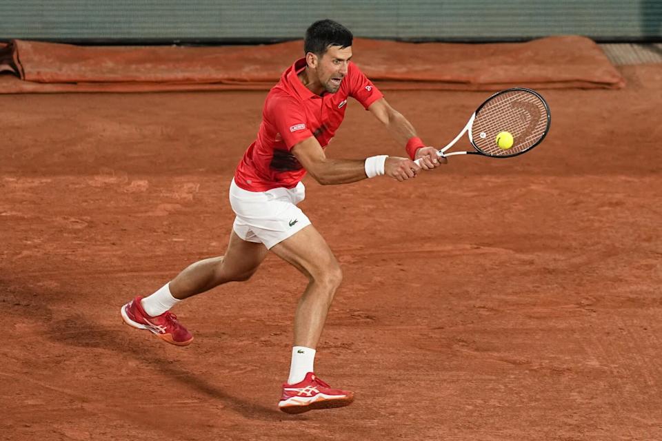 Novak Djokovic plays a shot.