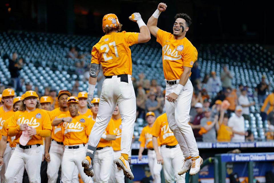 Tennessee's Jordan Beck, left, and Jorel Ortega have been celebrating frequently this season as the Volunteers posted a 53-7 regular-season record on their way to the No. 1 overall seed in the NCAA baseball tournament.