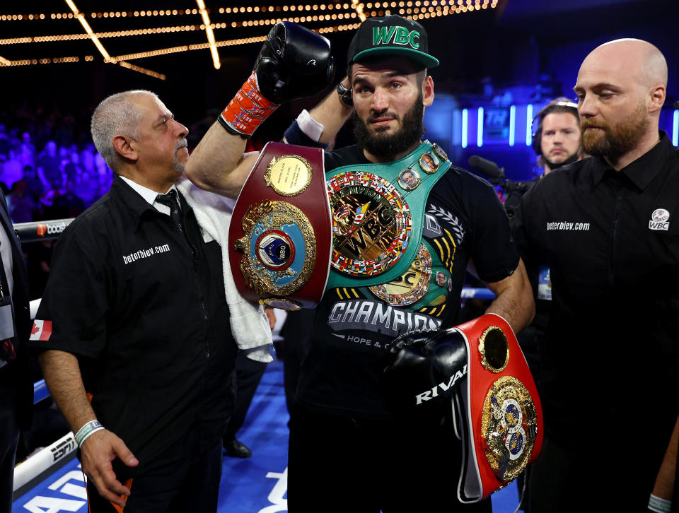 NEW YORK, NEW YORK - JUNE 18: Artur Beterbiev celebrates after defeating Joe Smith Jr during the light heavyweight title bout at The Hulu Theater at Madison Square Garden on June 18, 2022 in New York City. The fight was stopped in the second round. (Photo by Elsa/Getty Images)