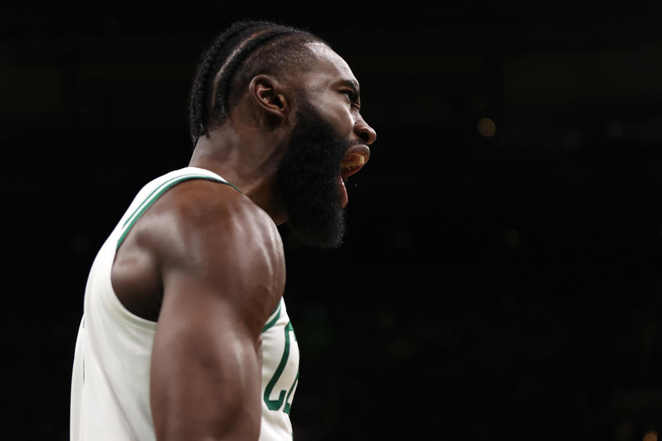 Boston Celtics guard Jaylen Brown reacts to a play in the fourth quarter against the Golden State Warriors during Game 3 of the 2022 NBA Finals at TD Garden. (Maddie Meyer/Getty Images)