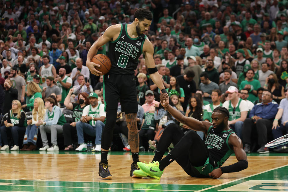 Jayson Tatum and Jaylen Brown will enter their sixth season together on the Boston Celtics with NBA championship expectations. (Maddie Meyer/Getty Images)