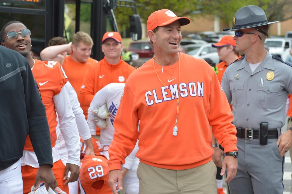 Clemson head coach Dabo Swinney during Tiger Walk before the 2022 Orange vs White Spring Game at Memorial Stadium in Clemson, South Carolina Saturday, April 9, 2022.