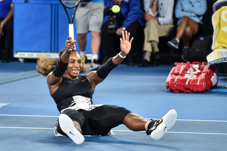 Serena Williams celebrates her victory against Venus Williams at the 2017 Australian Open. To date it's her last major victory. (Peter Parks/AFP via Getty Images)