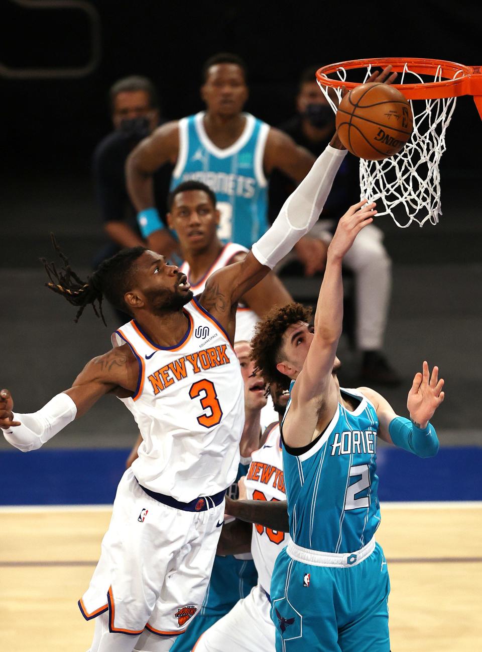 Knicks' Nerlens Noel blocks a shot from Hornets' LaMelo Ball on May 15, 2021.