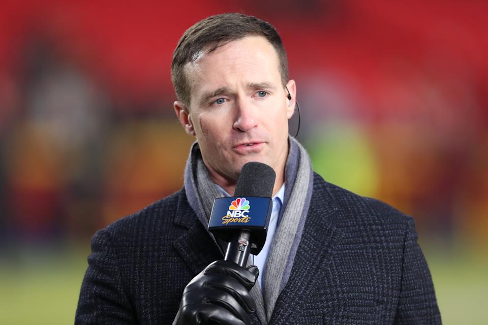 KANSAS CITY, MO - JANUARY 16: NBC Sports Drew Brees reports from the sidelines before an AFC wild card playoff game between the Pittsburgh Steelers and Kansas City Chiefs on Jan 16, 2022 at GEHA Field at Arrowhead Stadium in Kansas City, MO. (Photo by Scott Winters/Icon Sportswire via Getty Images)