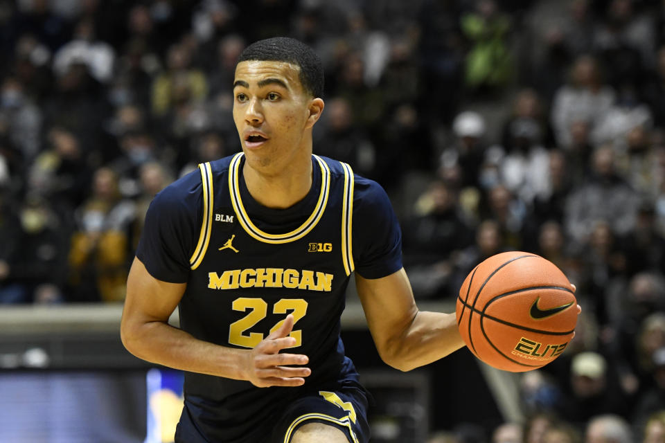 Michigan guard Caleb Houstan passes during a game against Purdue on Feb. 5, 2022. (Michael Allio/Icon Sportswire via Getty Images)