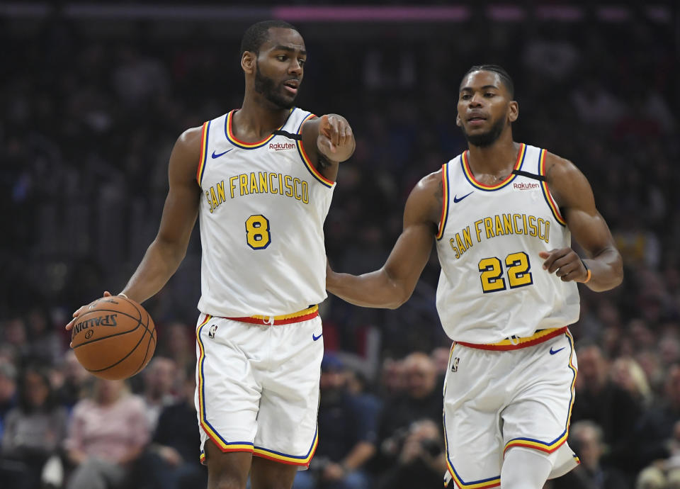 Golden State's Alec Burks, left, and Glenn Robinson III against the Los Angeles Clippers on Jan. 10, 2020 just a month before they were traded and what coach Steve Kerr called the franchise's 