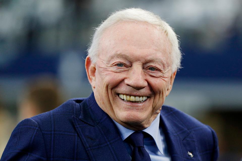 ARLINGTON, TEXAS - JANUARY 16: Dallas Cowboys owner Jerry Jones is seen on the field prior to a game between the San Francisco 49ers and Dallas Cowboys in the NFC Wild Card Playoff game at AT&amp;T Stadium on January 16, 2022 in Arlington, Texas. (Photo by Richard Rodriguez/Getty Images)