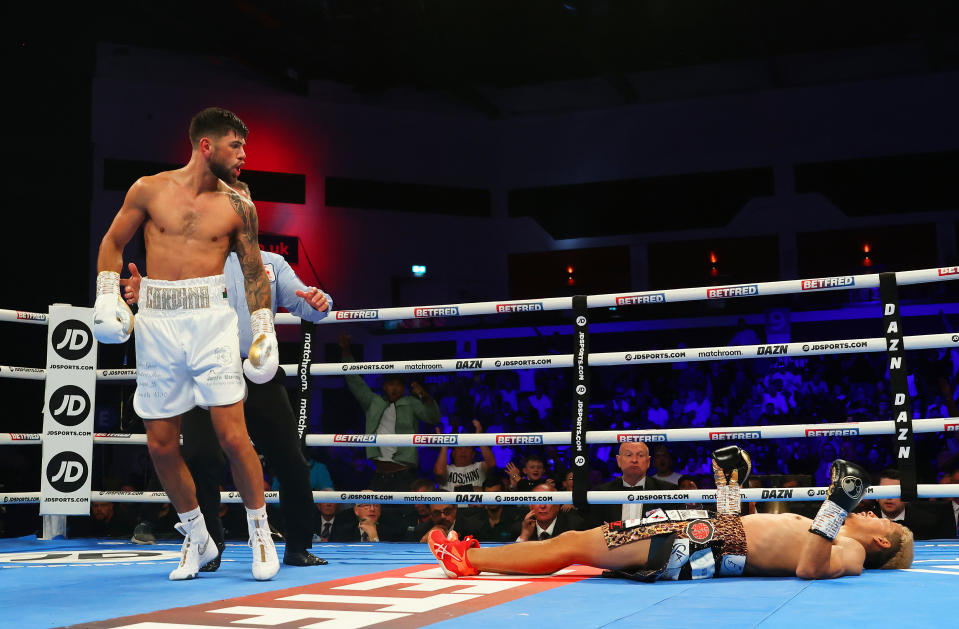 CARDIFF, WALES - JUNE 04: Joe Cordina knocks out Kenichi Ogawa during the IBF World Super Featherweight Title Fight between Kenichi Ogawa and Joe Cordina at Motorpoint Arena Cardiff on June 04, 2022 in Cardiff, Wales. (Photo by Huw Fairclough/Getty Images)