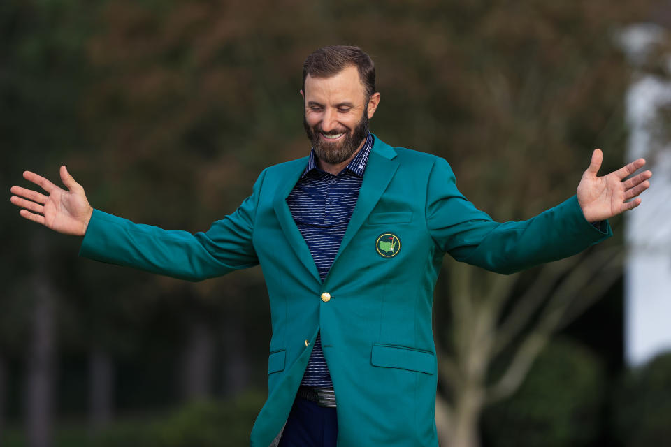 Dustin Johnson poses with the green jacket following his victory during Round 4 of the Masters at Augusta National Golf Club, Sunday, November 15, 2020. (Photo by Augusta National via Getty Images)