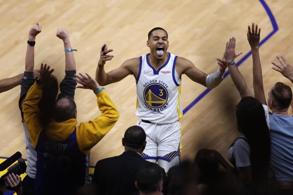 Jordan Poole #3 of the Golden State Warriors celebrates a three point basket during the third quarter against the Boston Celtics in Game Five of the 2022 NBA Finals at Chase Center on June 13, 2022 in San Francisco, California.