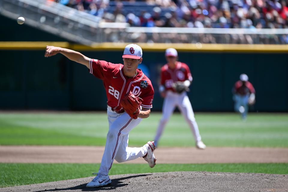 Jun 22, 2022; Omaha, NE, USA; Oklahoma Sooners starting pitcher David Sandlin (28) throws against the Texas A&amp;M Aggies in the first inning at Charles Schwab Field. Mandatory Credit: Steven Branscombe-USA TODAY Sports