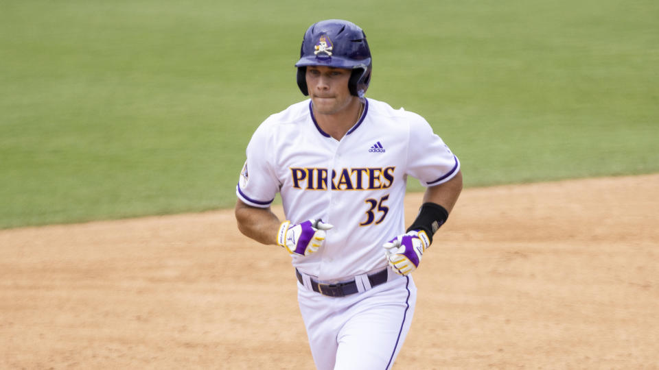 East Carolina's Bryson Worrell (35) runs the bases during an NCAA baseball game on Friday June 3, 2022, in Greenville, N.C. (AP Photo/Ben McKeown)