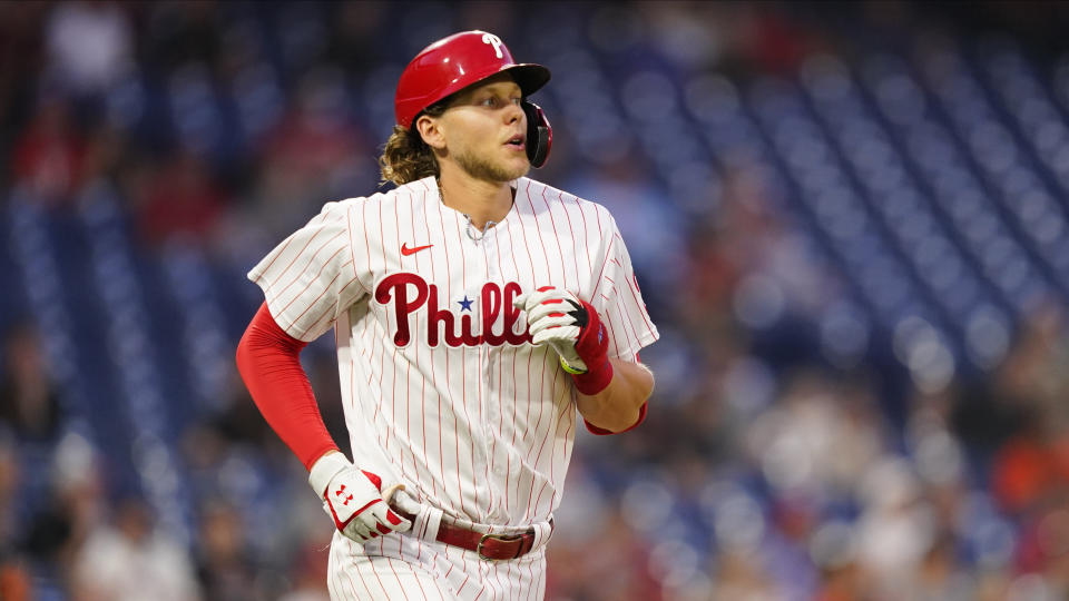 Philadelphia Phillies' Alec Bohm plays during a baseball game, Tuesday, May 31, 2022, in Philadelphia. (AP Photo/Matt Slocum)