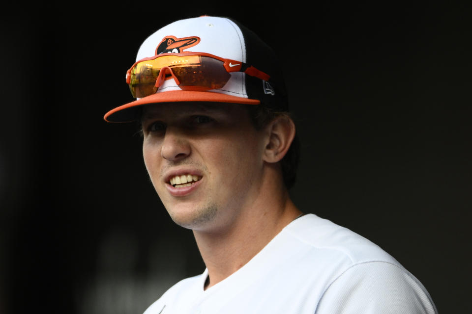 Baltimore Orioles' Adley Rutschman looks on before a baseball game against the Seattle Mariners, Wednesday, June 1, 2022, in Baltimore. (AP Photo/Nick Wass)
