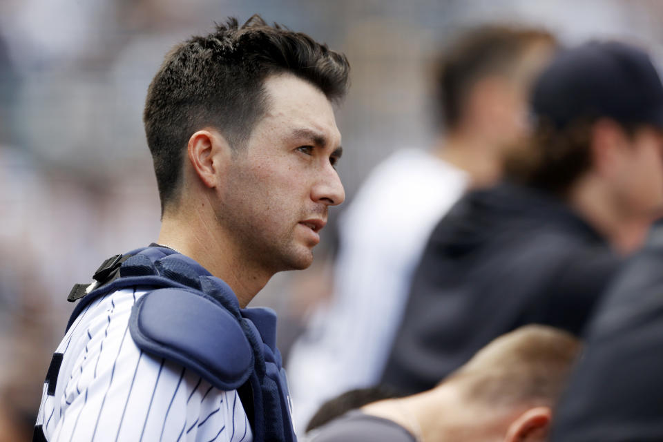 NEW YORK, NEW YORK - JUNE 04: Kyle Higashioka #66 of the New York Yankees looks on from the dugout during the fourth inning against the Detroit Tigers at Yankee Stadium on June 04, 2022 in the Bronx borough of New York City. (Photo by Sarah Stier/Getty Images)