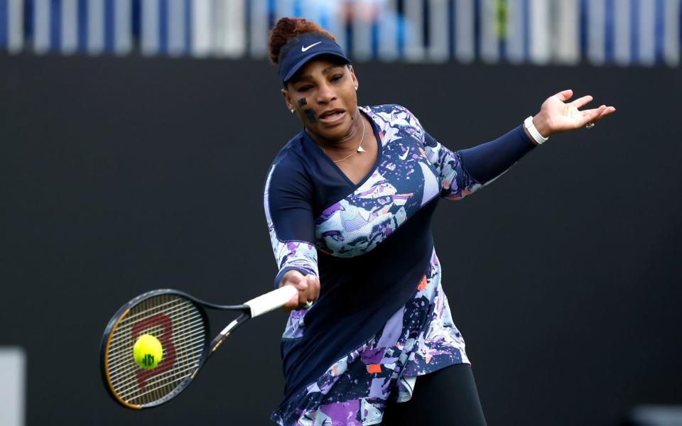 Serena Williams reacts in her round of 16 doubles match with Ons Jabeur (not pictured) on centre court on day four of the Rothesay International Eastbourne at Devonshire Park, Eastbourne. Picture date: Tuesday June 21, 2022 - PA