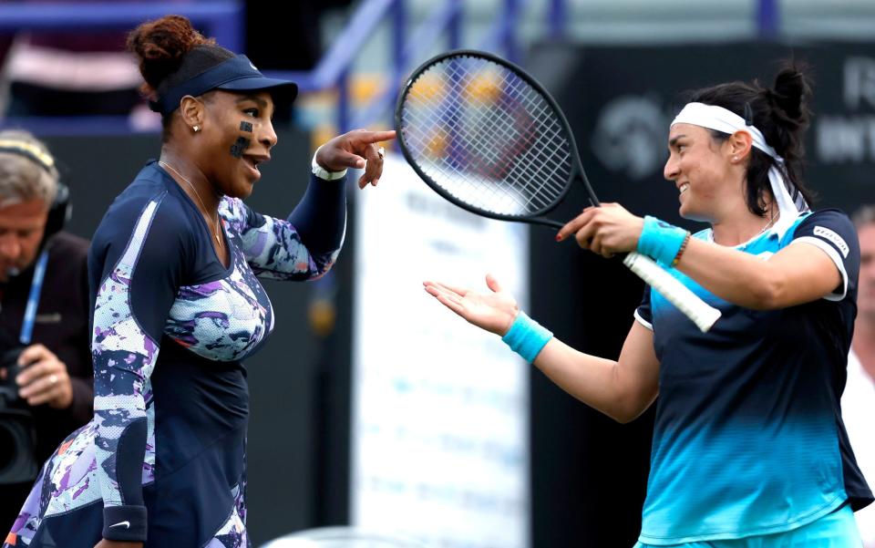 Serena Williams celebrates with team-mate Ons Jabeur after winning the round of 16 doubles match on centre court on day four of the Rothesay International Eastbourne at Devonshire Park, Eastbourne. Picture date: Tuesday June 21, 2022 - PA