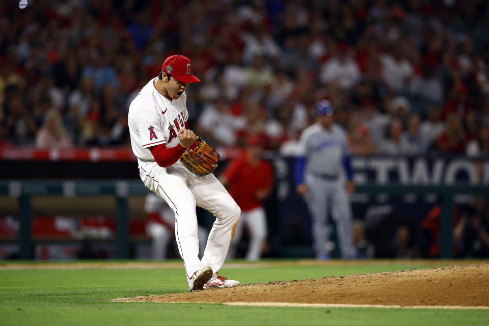 ANAHEIM, CALIFORNIA - JUNE 22: Shohei Ohtani #17 of the Los Angeles Angels reacts after the third out against the Kansas City Royals in the seventh inning at Angel Stadium of Anaheim on June 22, 2022 in Anaheim, California. (Photo by Ronald Martinez/Getty Images)