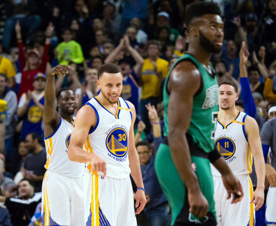 Stephen Curry and the Golden State Warriors were on their way to a second NBA championship during Jaylen Brown's rookie season for the Boston Celtics, and they are looking for a fourth. (Kelley L. Cox/USA Today Sports)