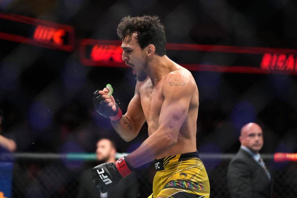 AUSTIN, TEXAS - JUNE 18: Ricardo Ramos of Brazil reacts after defeating Danny Chavez in a featherweight fight during the UFC Fight Night event at Moody Center on June 18, 2022 in Austin, Texas. (Photo by Cooper Neill/Zuffa LLC)