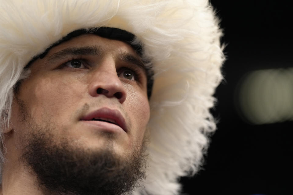 LAS VEGAS, NEVADA - MARCH 05: Umar Nurmagomedov of Russia reacts after his submission victory over Brian Kelleher in their featherweight fight during the UFC 272 event on March 05, 2022 in Las Vegas, Nevada. (Photo by Jeff Bottari/Zuffa LLC)