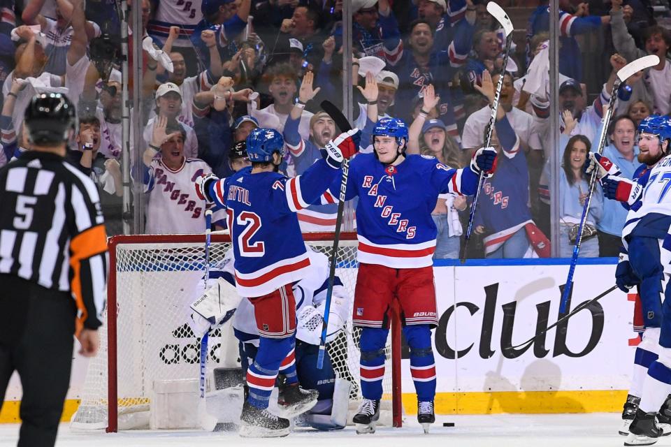 New York Rangers right wing Kaapo Kakko (right) celebrates his first-period goal with center Filip Chytil during Game 2.