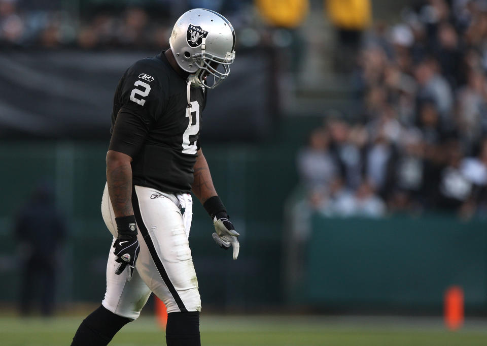 JaMarcus Russell's last NFL snap came with the Oakland Raiders against the Baltimore Ravens at the end of the 2009 season. (Photo by Jed Jacobsohn/Getty Images)