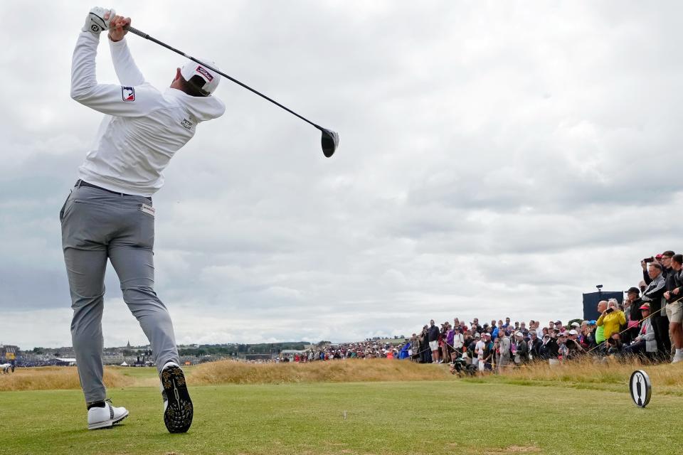 Cameron Young tees off on the 15th hole during the first round.