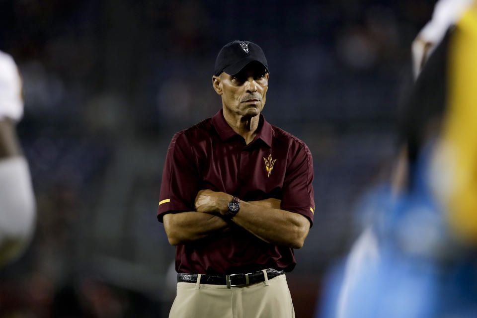 Arizona State head coach Herm Edwards looks on before an NCAA college football game against San Diego State Saturday, Sept. 15, 2018, in San Diego. (AP Photo/Gregory Bull)