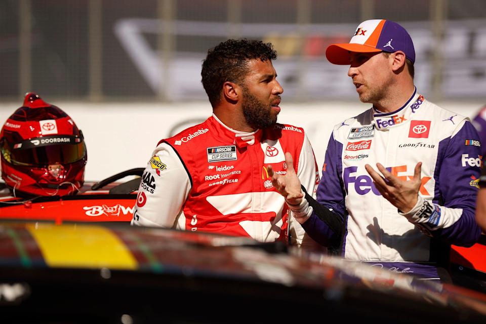 Denny Hamlin speaks with Bubba Wallace