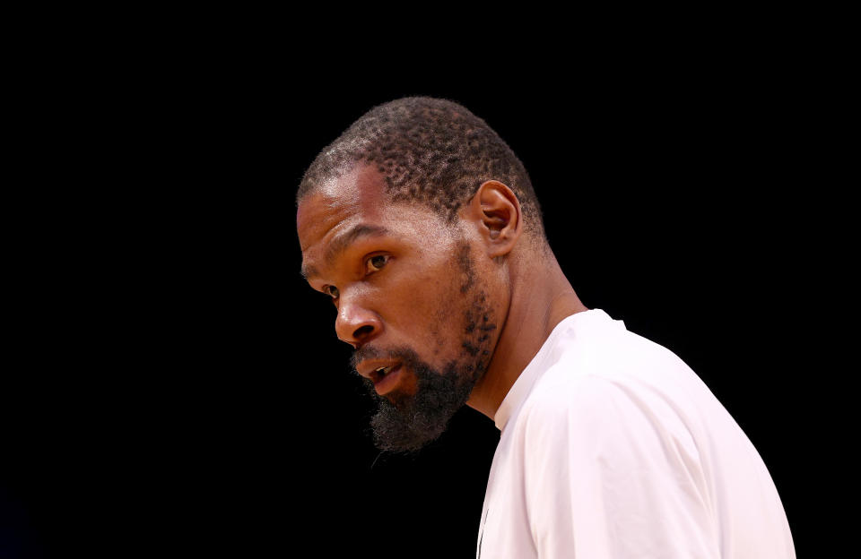 Kevin Durant of the Brooklyn Nets warms up before Game 4 of the Eastern Conference First Round Playoffs against the Boston Celtics at Barclays Center on April 25, 2022 in the Brooklyn borough of New York City.