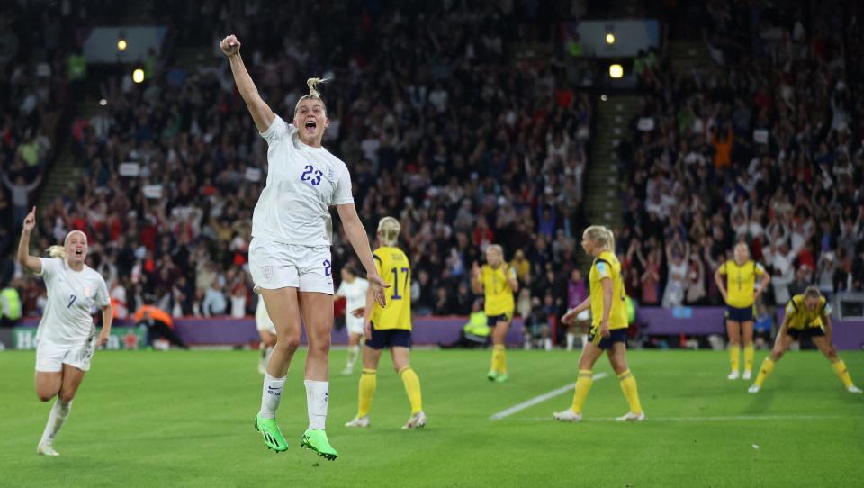 England's Alessia Russo celebrates her stunning goal against Sweden during the 2022 EURO semifinal.