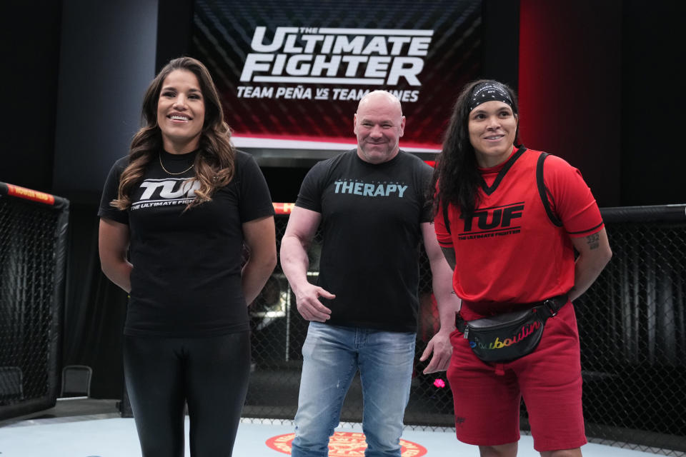 LAS VEGAS, NEVADA - MARCH 10: (L-R) Julianna Pena and Amanda Nunes react after their faceoff during the filming of The Ultimate Fighter at UFC APEX on March 10, 2022 in Las Vegas, Nevada. (Photo by Chris Unger/Zuffa LLC)