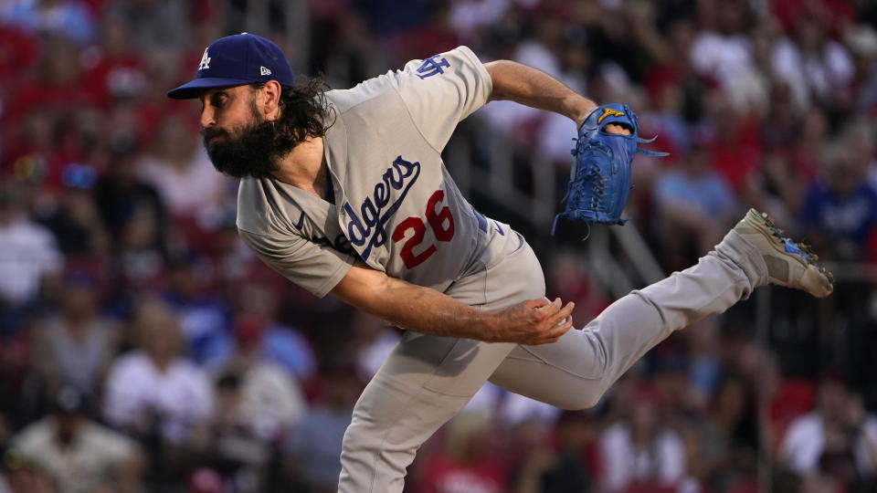 Los Angeles Dodgers starting pitcher Tony Gonsolin throws during the first inning of a baseball game against the St. Louis Cardinals Wednesday, July 13, 2022, in St. Louis. (AP Photo/Jeff Roberson)